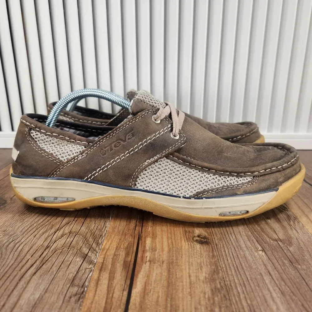 Teva Boat Shoes Mens Sz 11.5 Brown Leather Casual Outdoors Moc Toe Leisure 4003